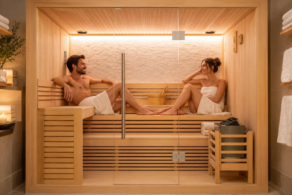 Coppia in una sauna finlandese 2 posti in legno
