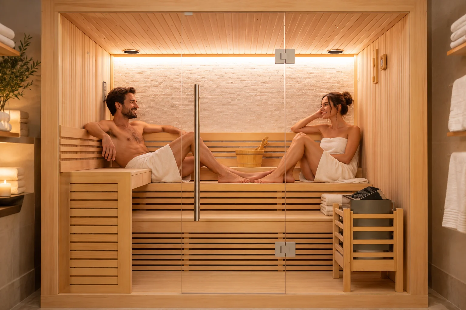 Coppia in una sauna finlandese 2 posti in legno